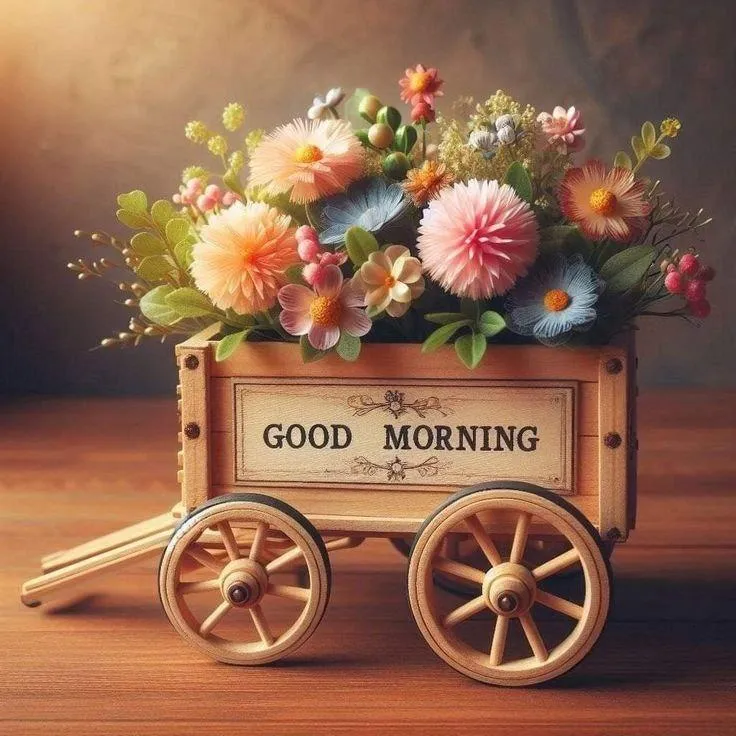 Fresh Flowers in Wooden Cart with Warm Good Morning Wishes