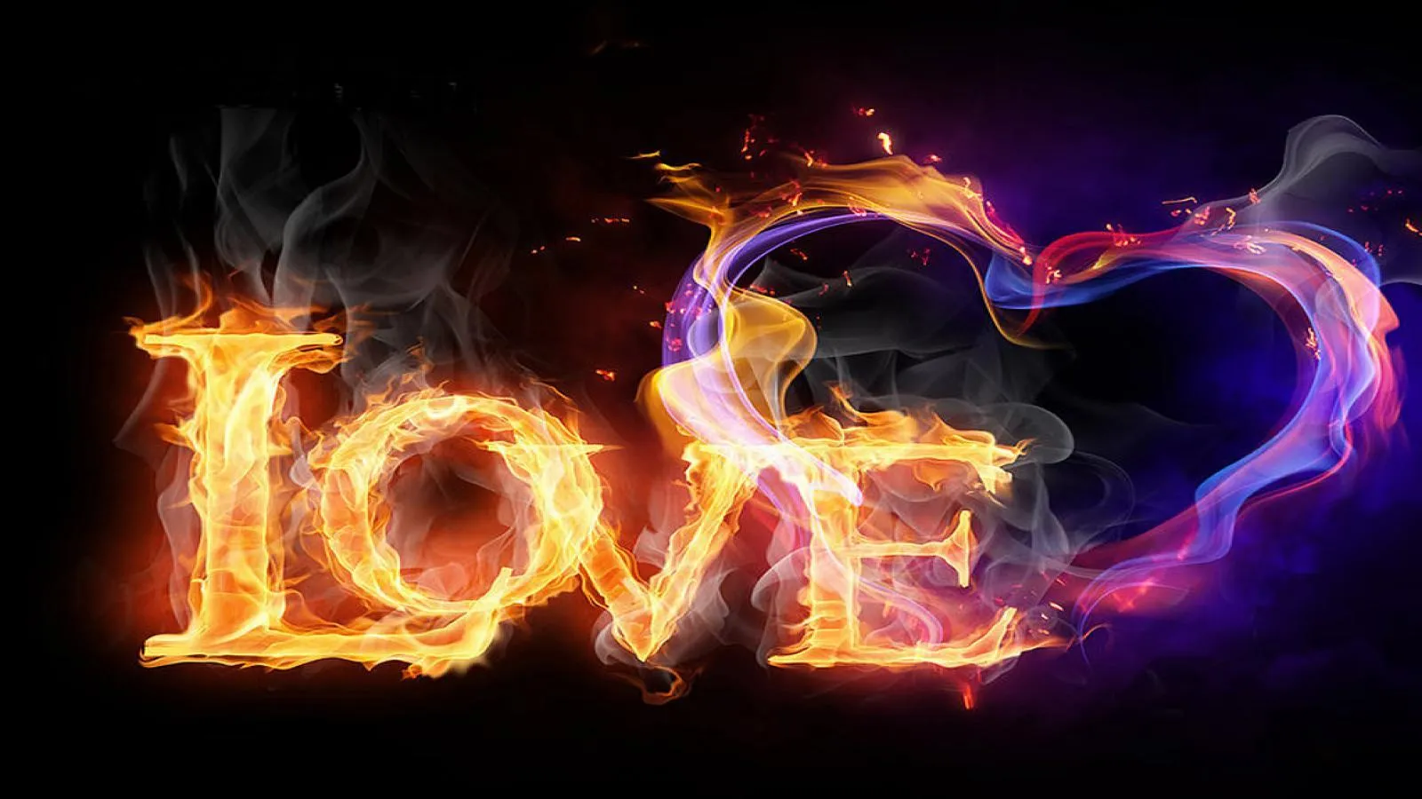 Glowing Fire Heart with the Word Love in Flames Wallpaper