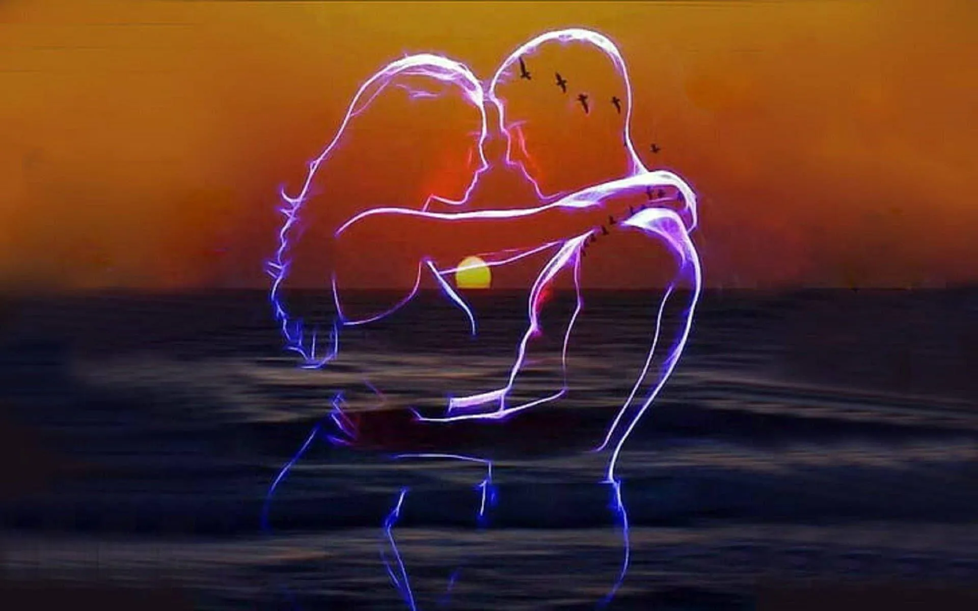 Glowing Neon Couple Hug in a Starry Romantic Sky Wallpaper