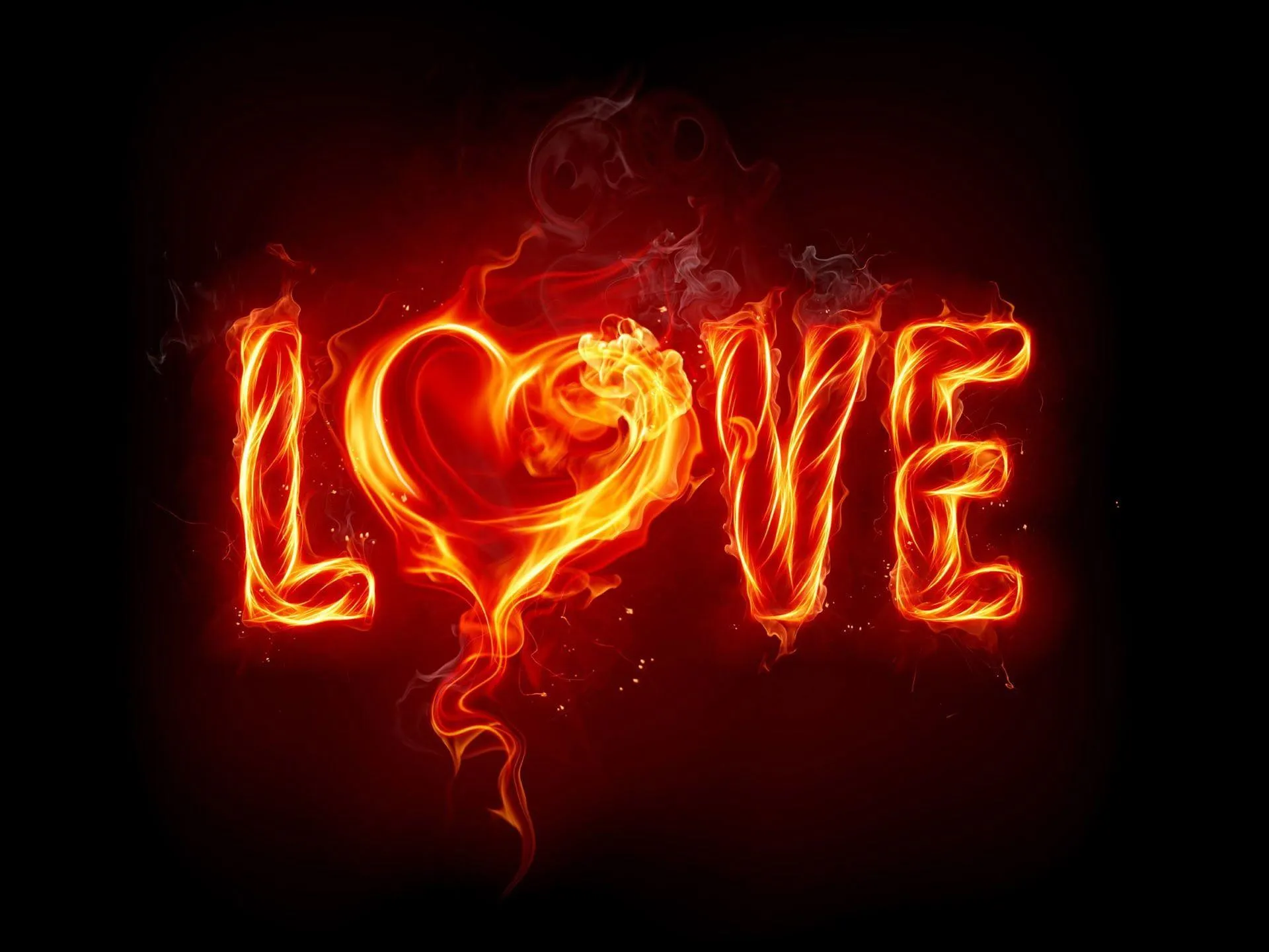Glowing Red Love Text with Fiery Heart Design Wallpaper