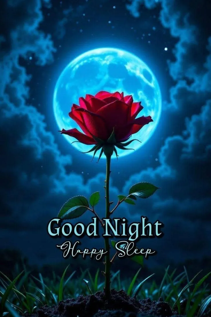 Glowing Red Rose on Dark Night Blue Background Hd Image