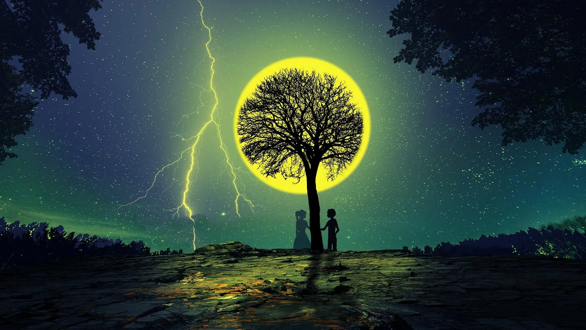 Glowing Tree of Love Illuminating the Night Sky Wallpaper