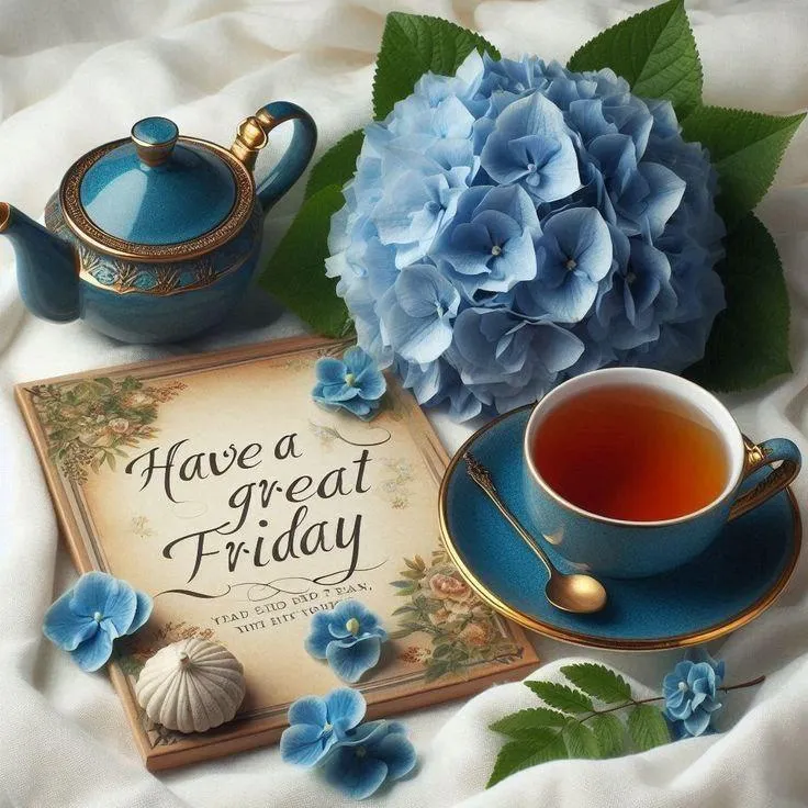 Good Morning Blue Hydrangea and Tea with Positive Quote