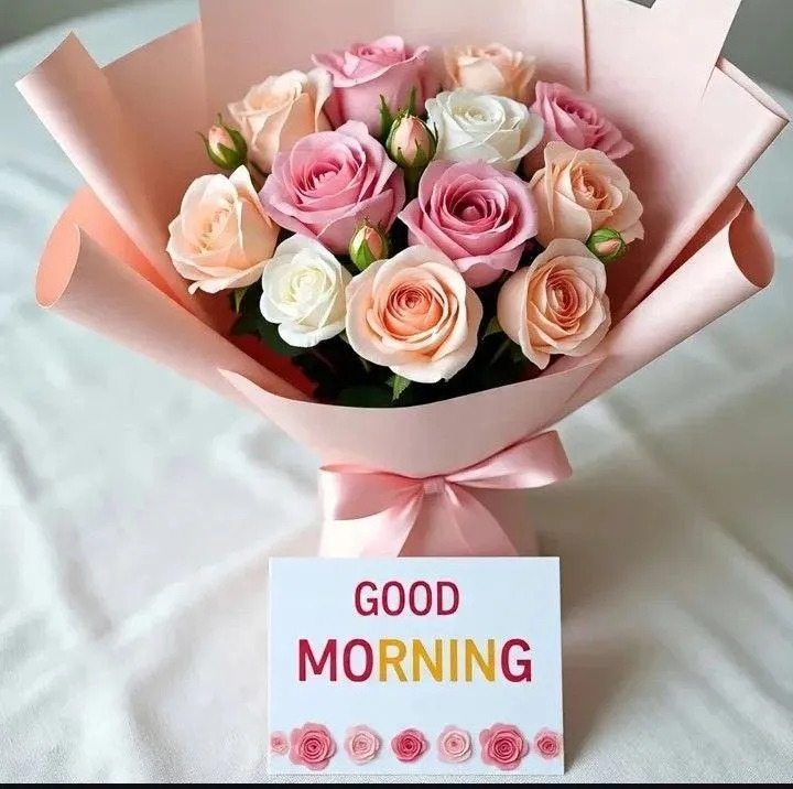Good Morning Bouquet of Pink Roses with Greeting