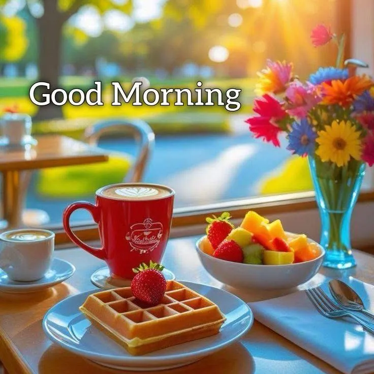 Good Morning Breakfast with Tea and Flowers Wallpaper