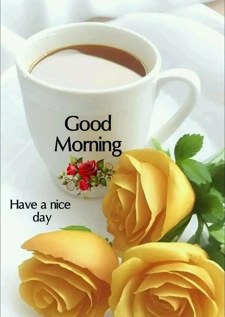 Good Morning Card with Yellow Roses and a Cup Image