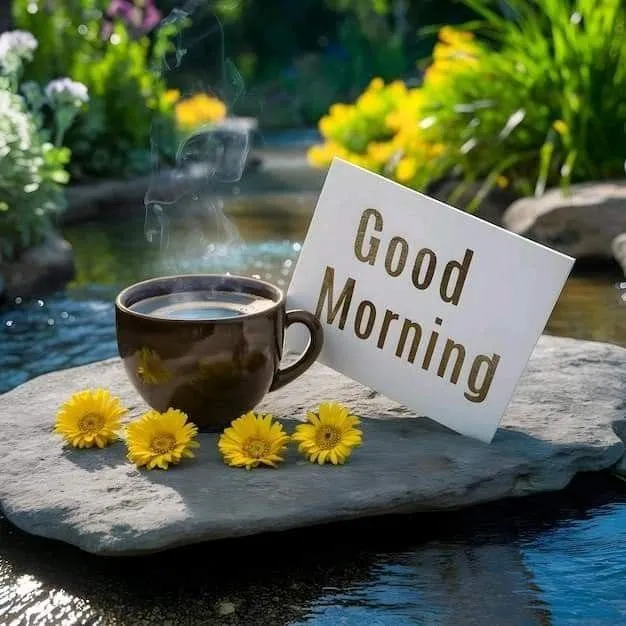 Good Morning Coffee Cup and Flowers with Garden Background
