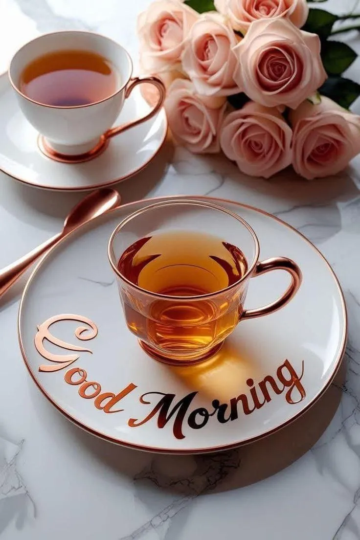 Good Morning Coffee Cup with Latte Art on Saucer Image