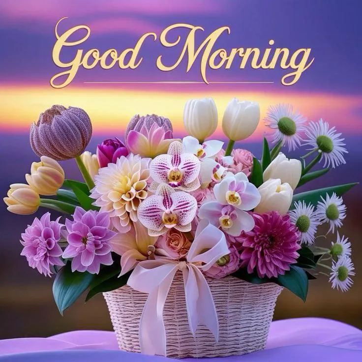 Good Morning Colorful Flowers with Bright Purple Background