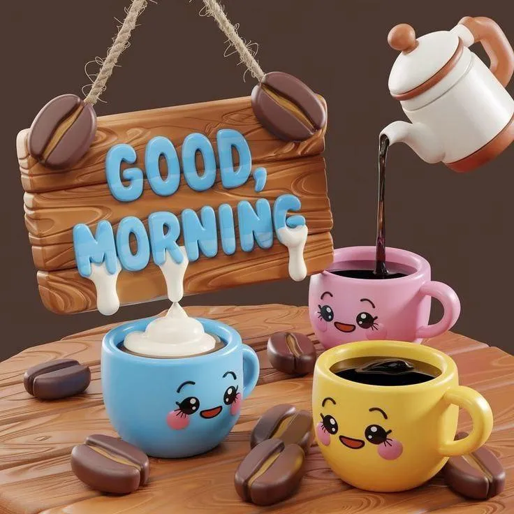 Good Morning Colorful Mugs with Coffee and Cheerful Text