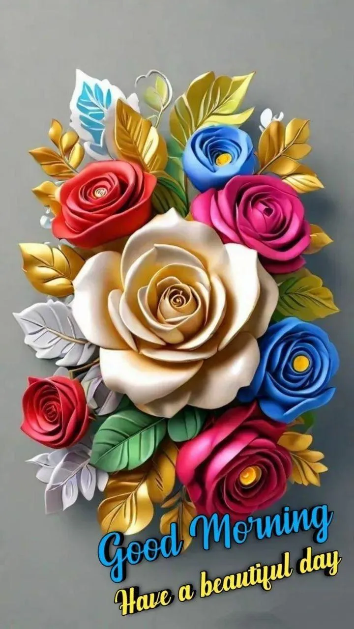 Good Morning Colorful Roses Bouquet on Blue Background
