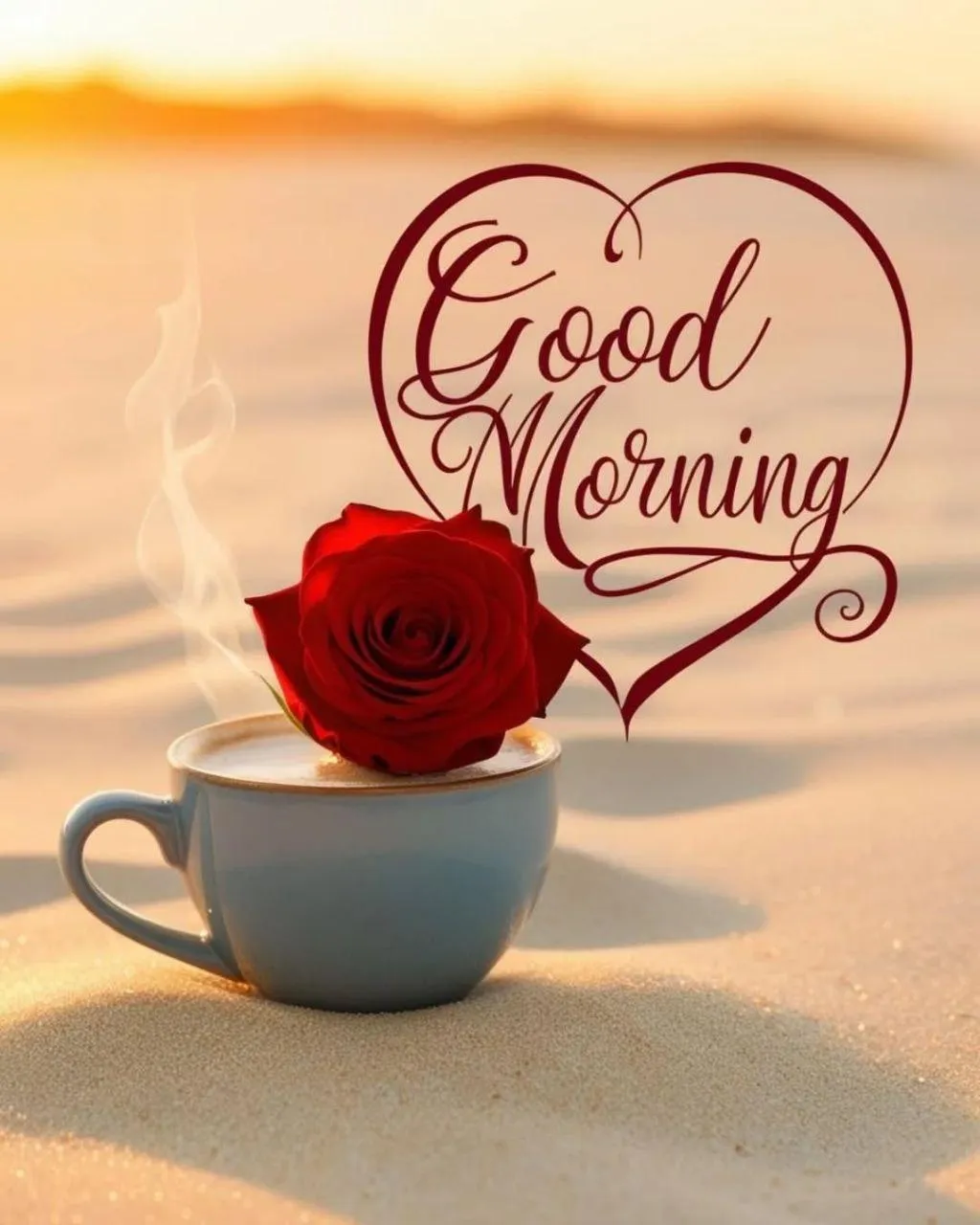 Good Morning Cup of Tea with Red Rose on Wooden Table