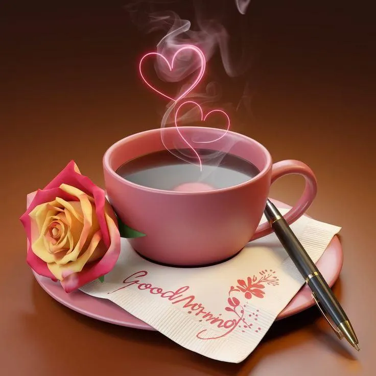 Good Morning Cup of Tea with Rose and Swirl Steam Image