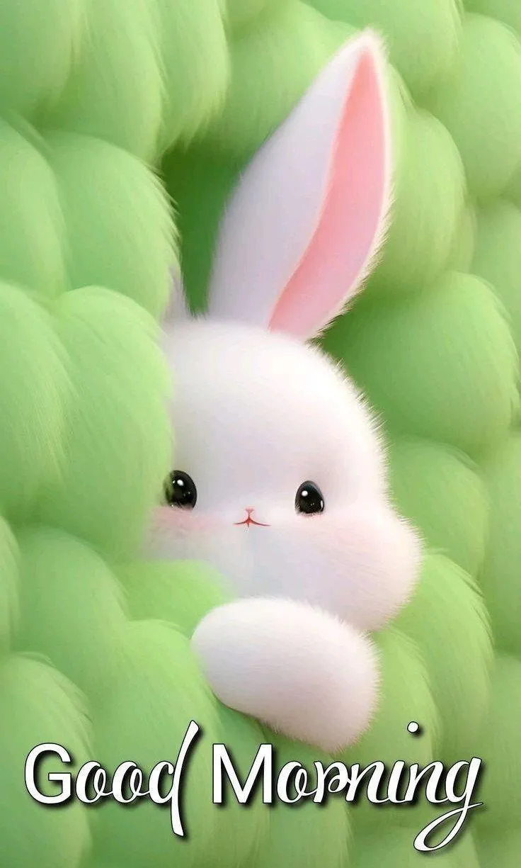 Good Morning Cute Bunny with Green Leaves Background