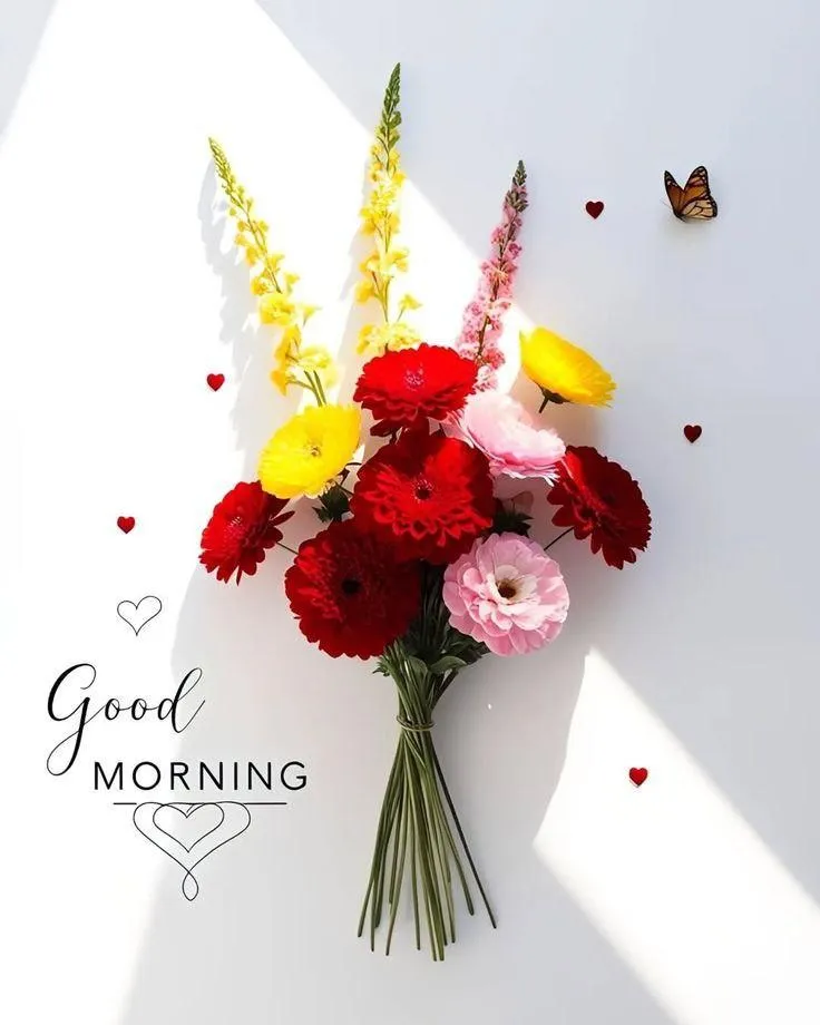 Good Morning Flowers with a Yellow Butterfly on White Background