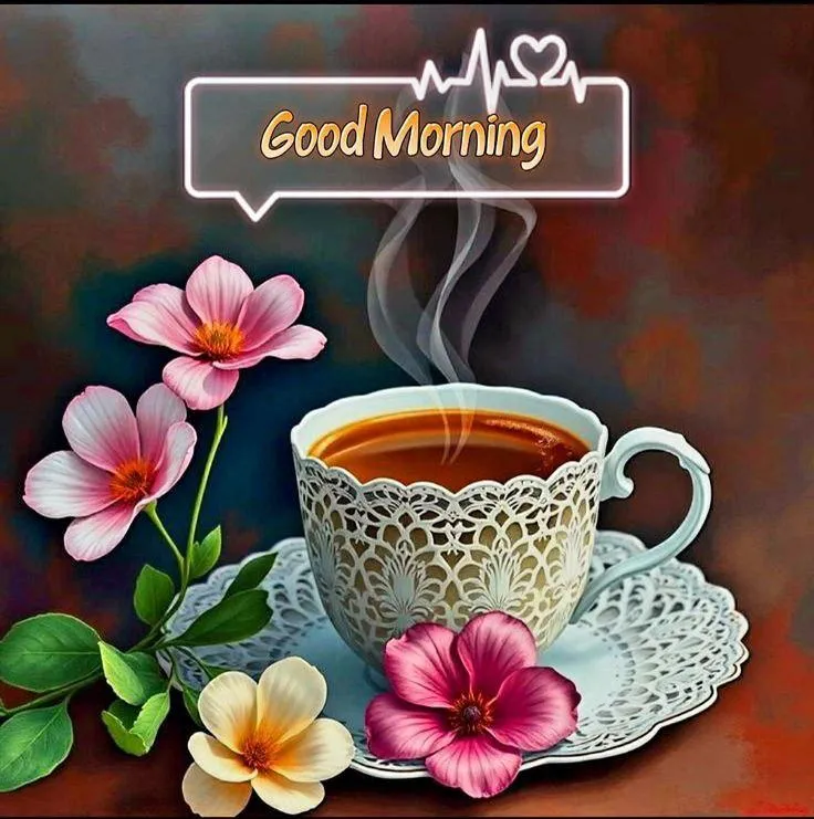 Good Morning Flowers with Tea Cup and Inspirational Message