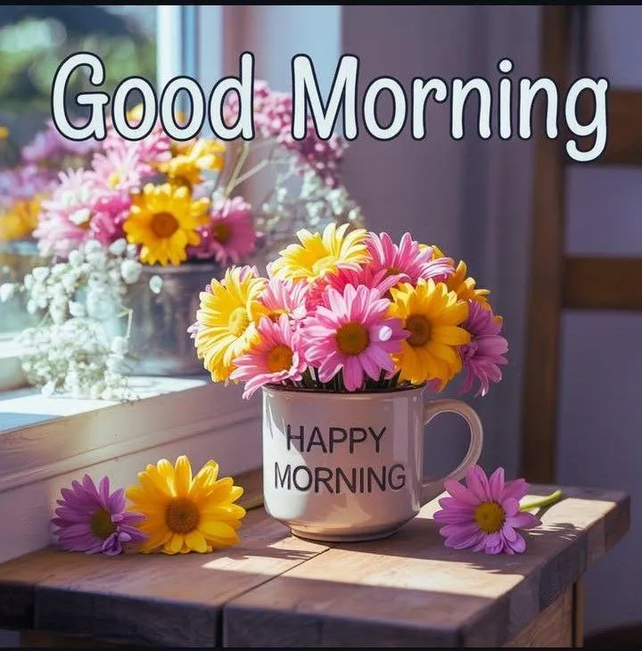 Good Morning Greeting with Colorful Flowers and Mug
