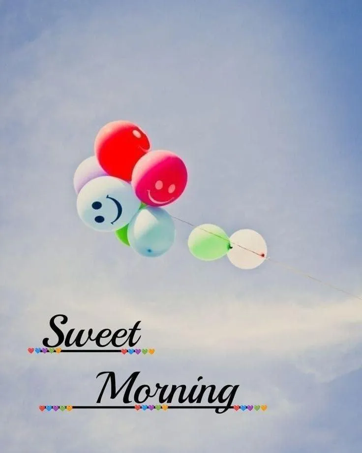 Good Morning Heart Shaped Balloons on Blue Sky Image