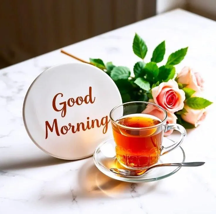 Good Morning Hot Tea and Pink Flower on White Table