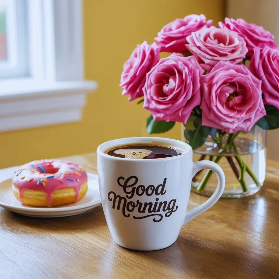 Good Morning Message with Roses and Coffee Mug Image