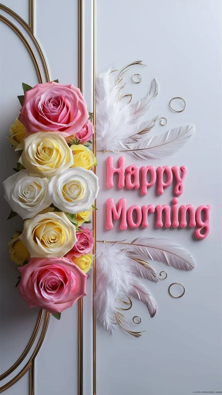 Good Morning Pink and Yellow Roses with Happy Message