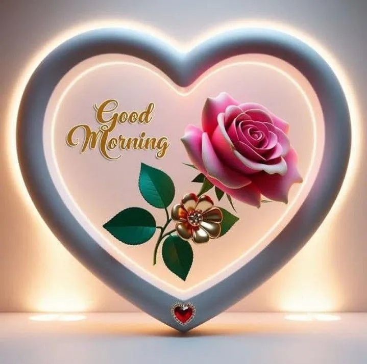 Good Morning Pink Rose Inside Heart Shaped Frame Image