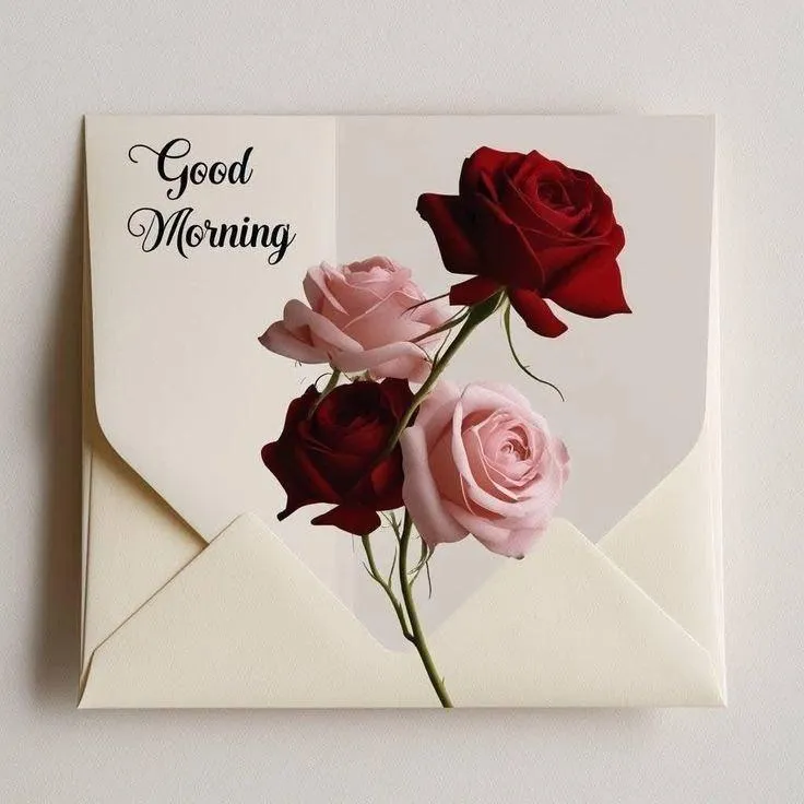 Good Morning Red and White Roses on Grey Background