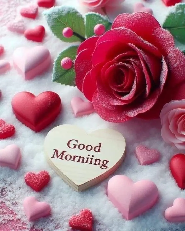 Good Morning Red Rose with Petals on Soft White Background