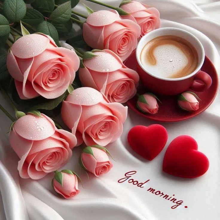 Good Morning Roses and Coffee Cup with Best Wishes Text
