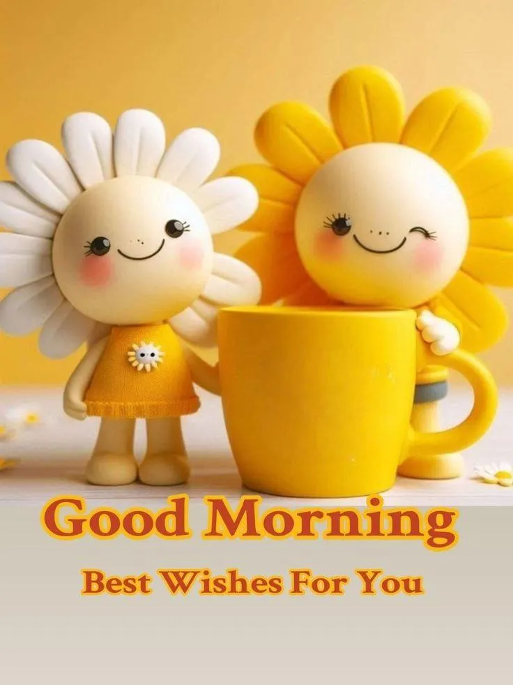 Good Morning Smiling Flower Characters with Cheerful Text