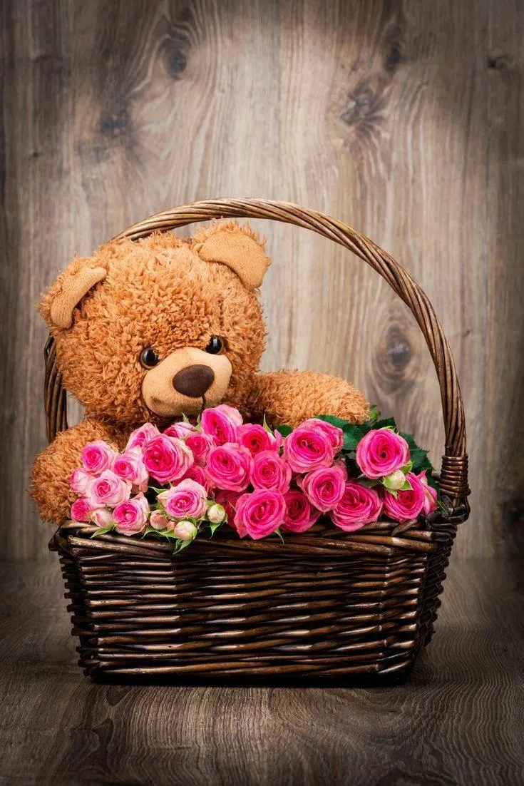 Good Morning Teddy Bear with Flowers Greeting Wallpaper