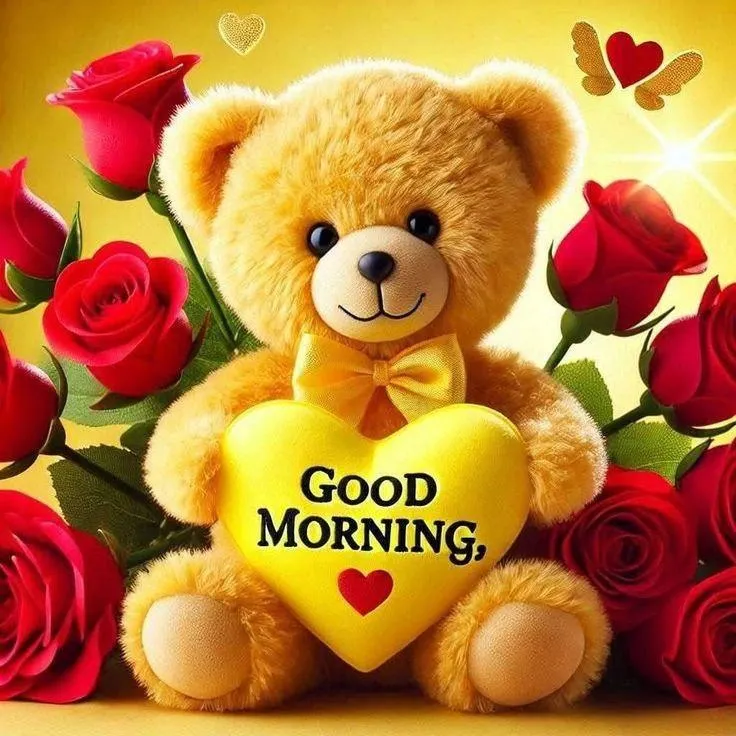 Good Morning Teddy Bear with Red Heart and Flowers