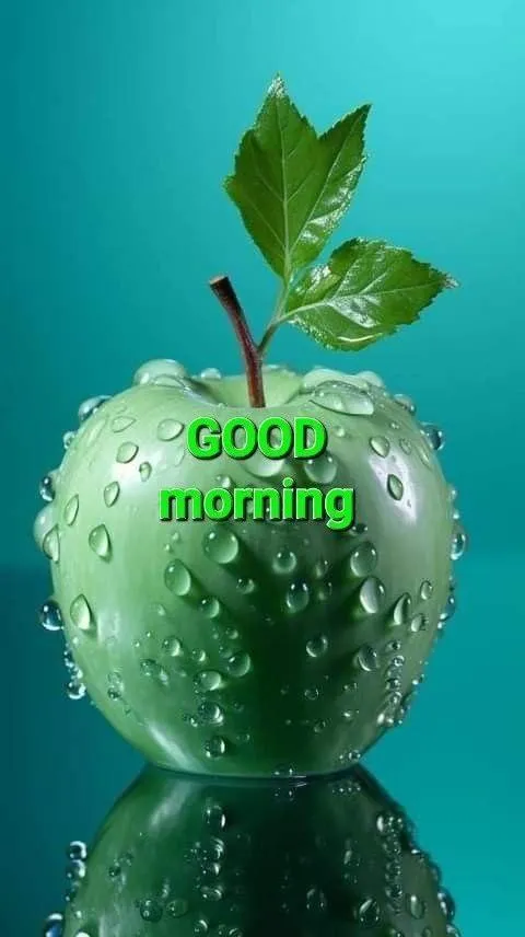 Good Morning Text with Green Apple and Water Droplets