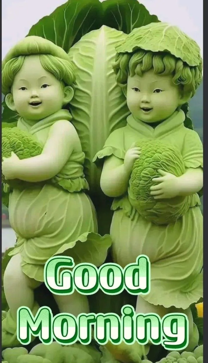 Good Morning Two Green Kids Sculpture Free Wallpaper