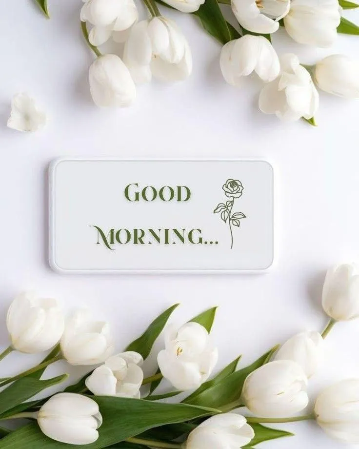 Good Morning White Flowers and Wooden Tag with Message