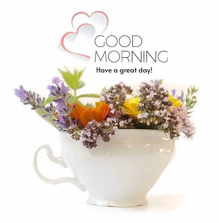 Good Morning White Teacup with Flowers on White Background