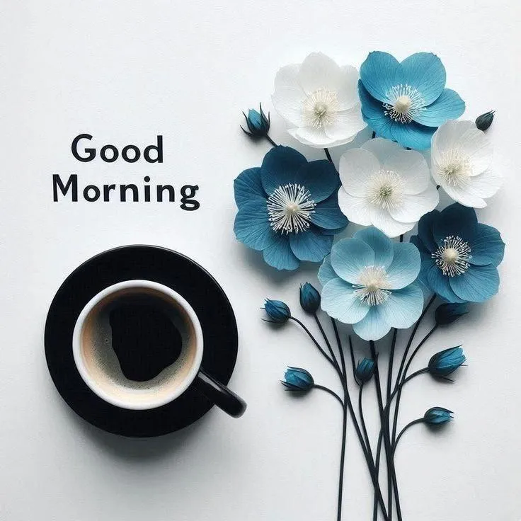 Good Morning with Black Coffee Cup and Blue Flowers