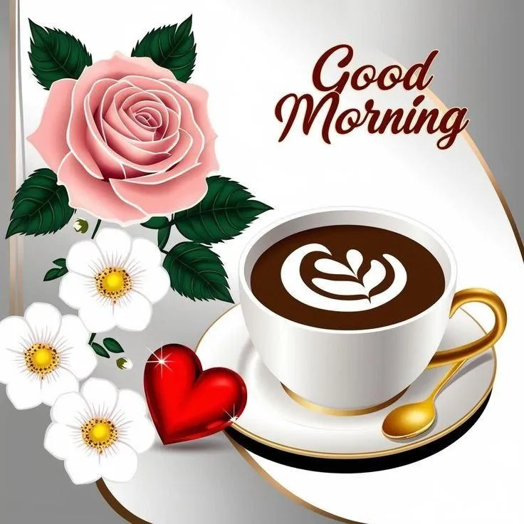 Good Morning with Coffee Cup and Heart Shaped Flowers