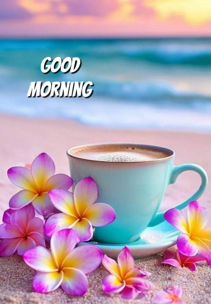 Good Morning with Colorful Tea Cup and Bright Blue Sky