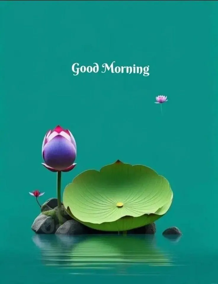 Good Morning with Green Lotus Flower and Dark Blue Pond