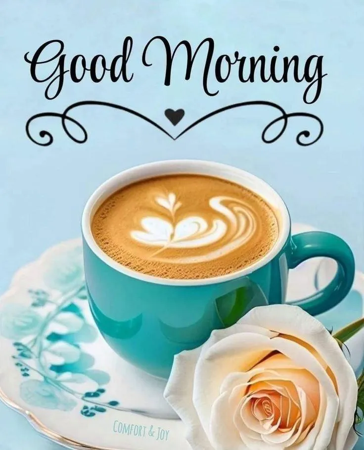 Good Morning with Latte Art Coffee Cup and Elegant Font