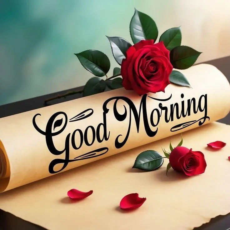 Good Morning with Red Roses and Elegant Wooden Message