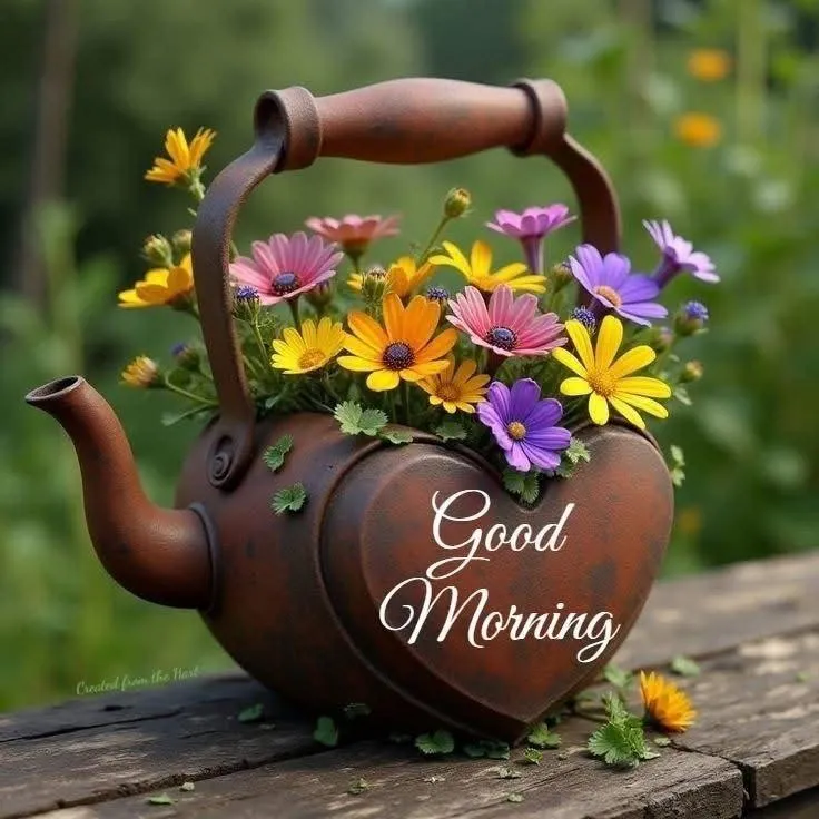 Good Morning with Teapot and Floral Arrangement Image