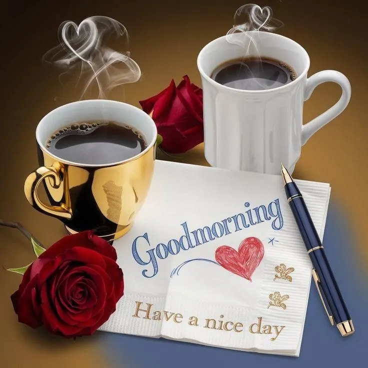 Good Morning with Two Coffee Cups and Flower with Text
