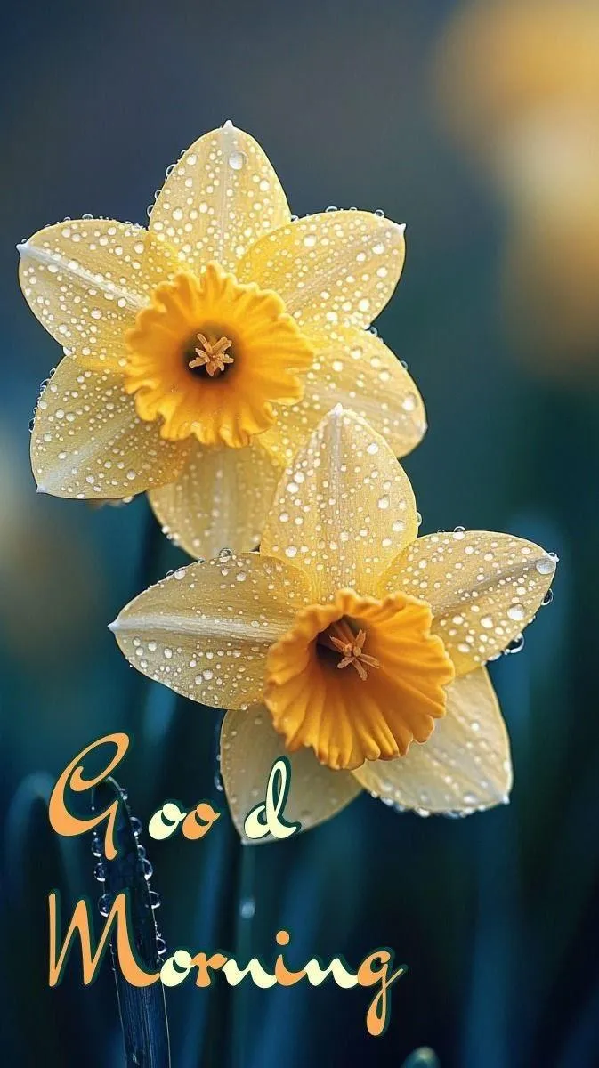 Good Morning Yellow Daffodils in Blue Vase with Message
