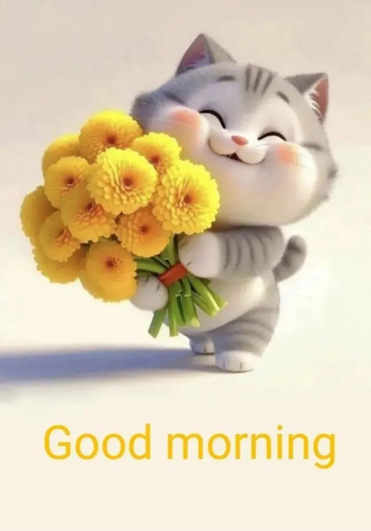 Good Morning Yellow Flowers and Cute Kitten on White