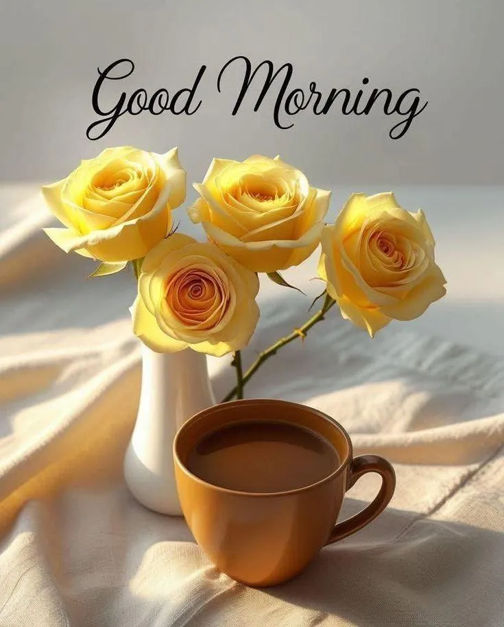 Good Morning Yellow Roses and Coffee Cup with Warm Lighting