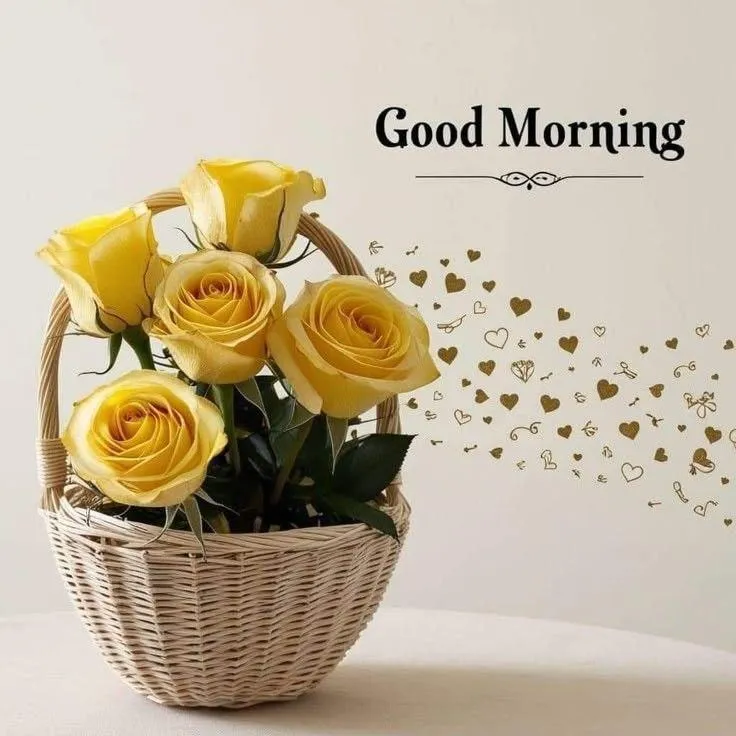 Good Morning Yellow Roses and Soft Text on White Background