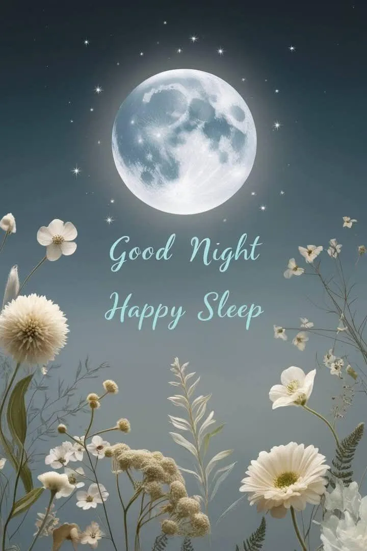 Good Night and Happy Day with Blue Flowers and Moon