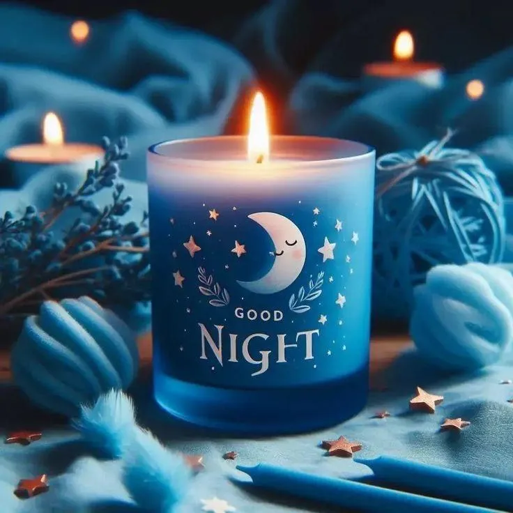 Good Night Blue Candle with Flame and Starry Background